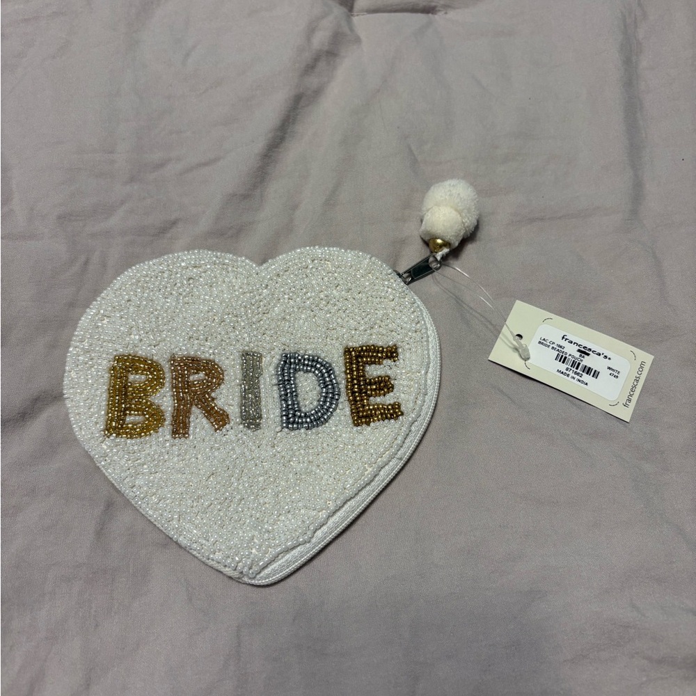 Francesca’s Bride Heart Shaped Beaded Pouch White Gold Silver
